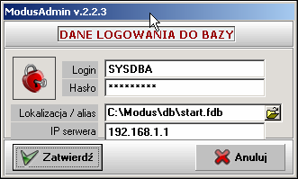 Ekran: ModusAdmin - Dane logowania do bazy