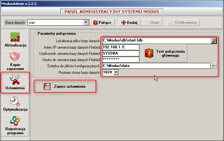 Ekran: ModusAdmin - Ustawienia
