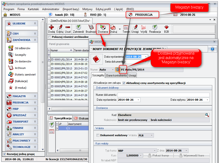 Ekran: Dostawa na magazyn bieżący/startowy