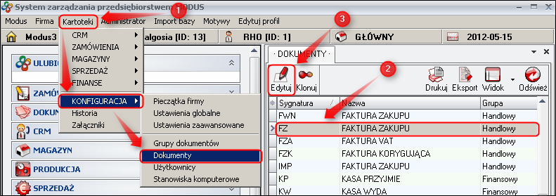 Ekran: Edycja definicji dokumentów
