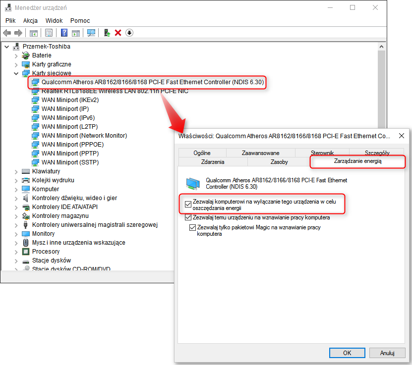 Ekran: Wyłączenie oszczędzania energii karty sieciowej  