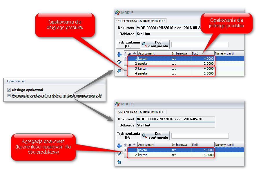 Ekran: Agregacja opakowań na dokumentach magazynowych