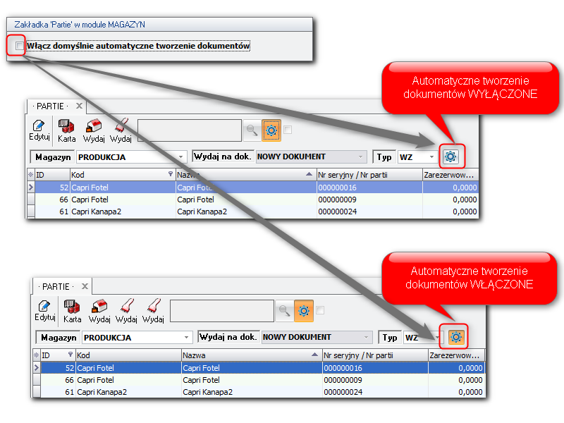 Ekran: Włącz domyślnie automatyczne tworzenie dokumentów