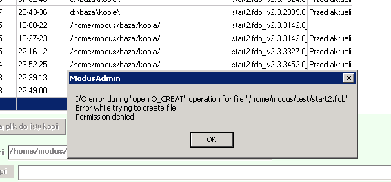 Ekran: Komunikat: I/O error during "Open O_CREAT"  