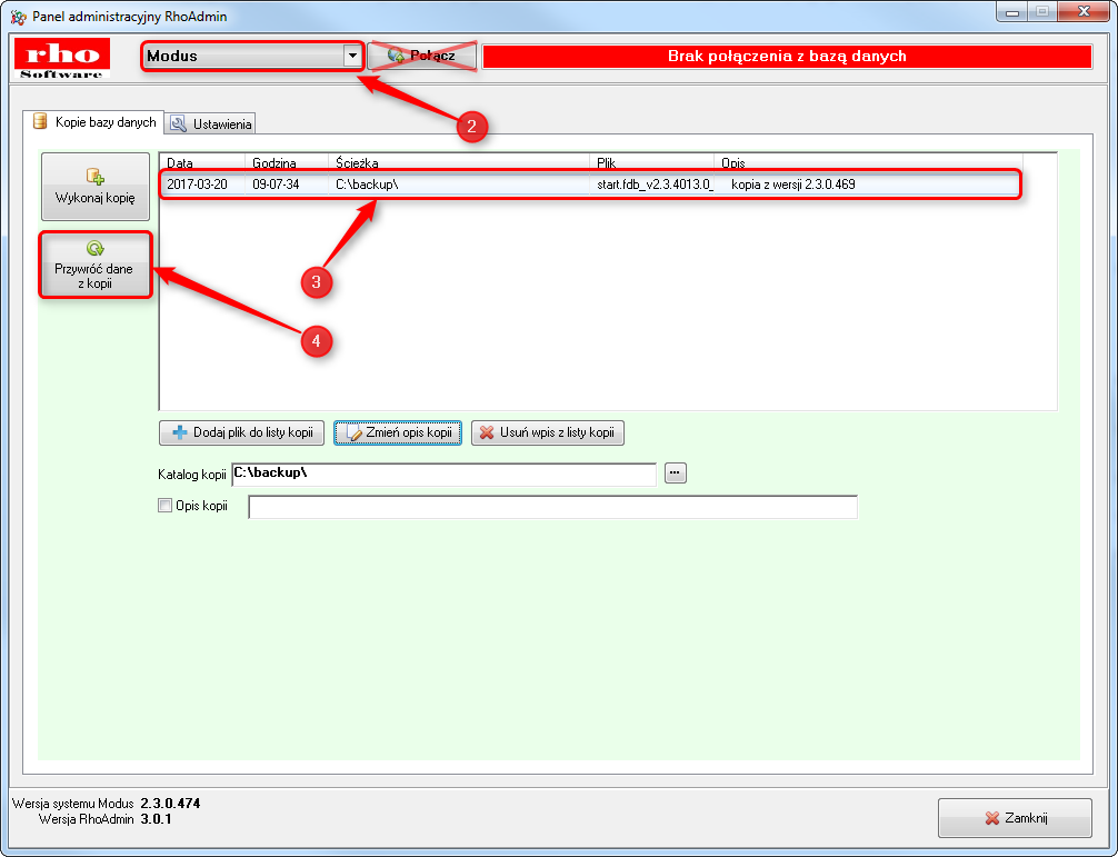 Ekran: Odtworzenie danych z kopii