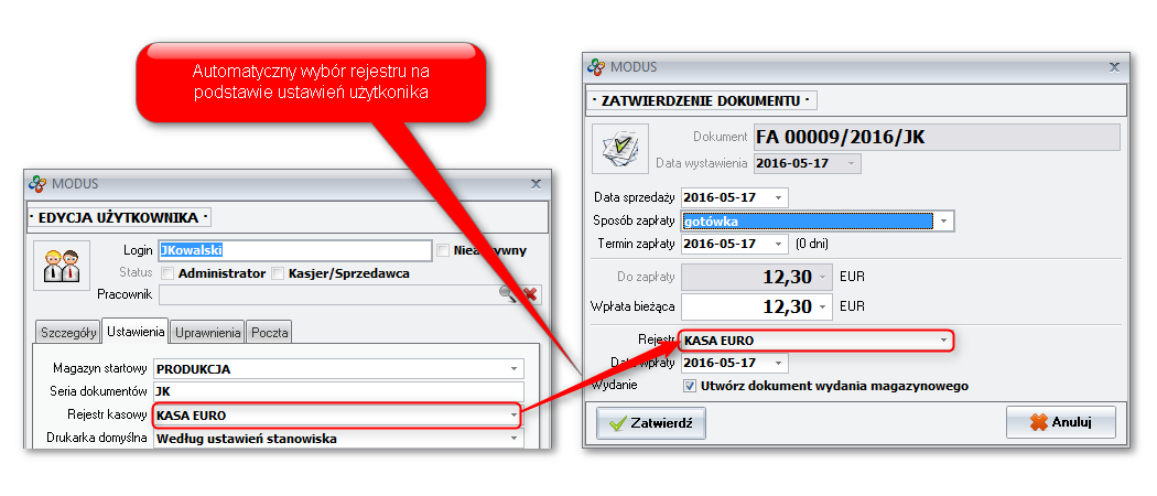 Ekran: Rejestr kasowy