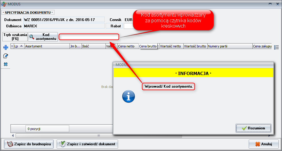 Ekran: Sprzedaż/wydanie tylko na podstawie kodów asortymentu
