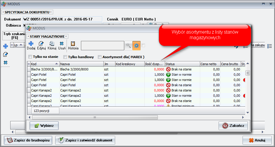 Ekran: Sprzedaż/wydanie tylko na podstawie kodów asortymentu