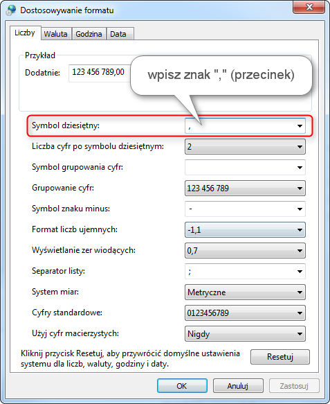 Ekran: Symbol dziesiętny  