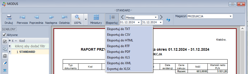 Eksport danych z raportu