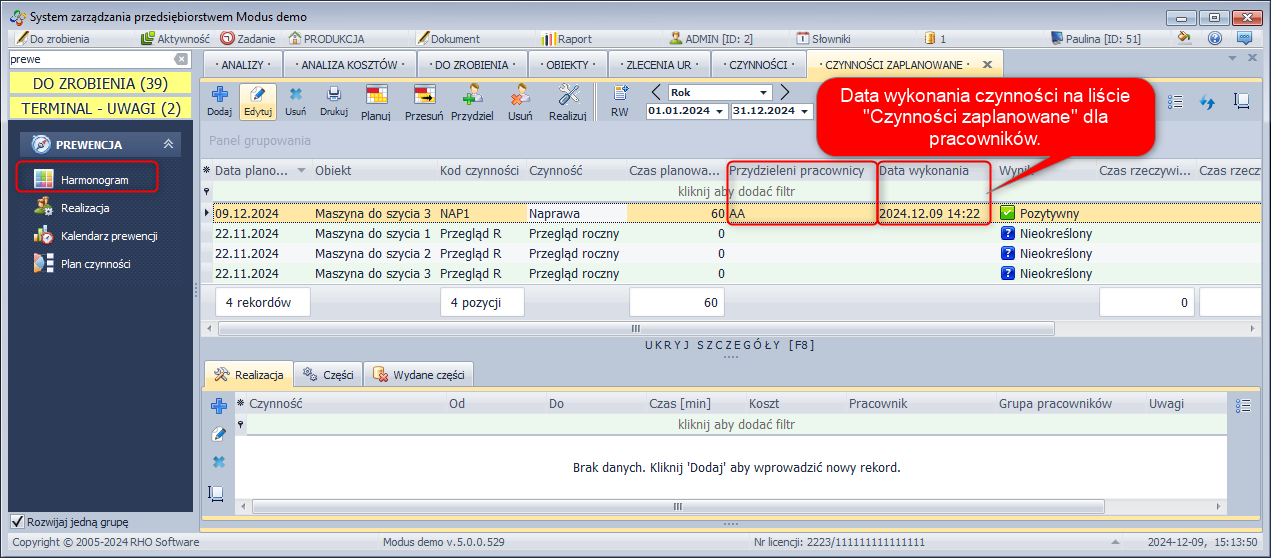 Data wykonania czynności na liście 'Czynności zaplanowanych dla pracowników'