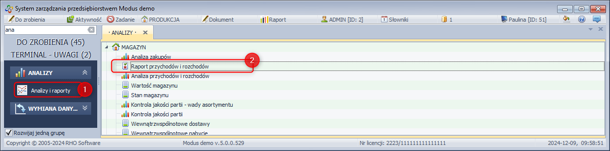 Generowanie raportu przychodów i rozchodów 