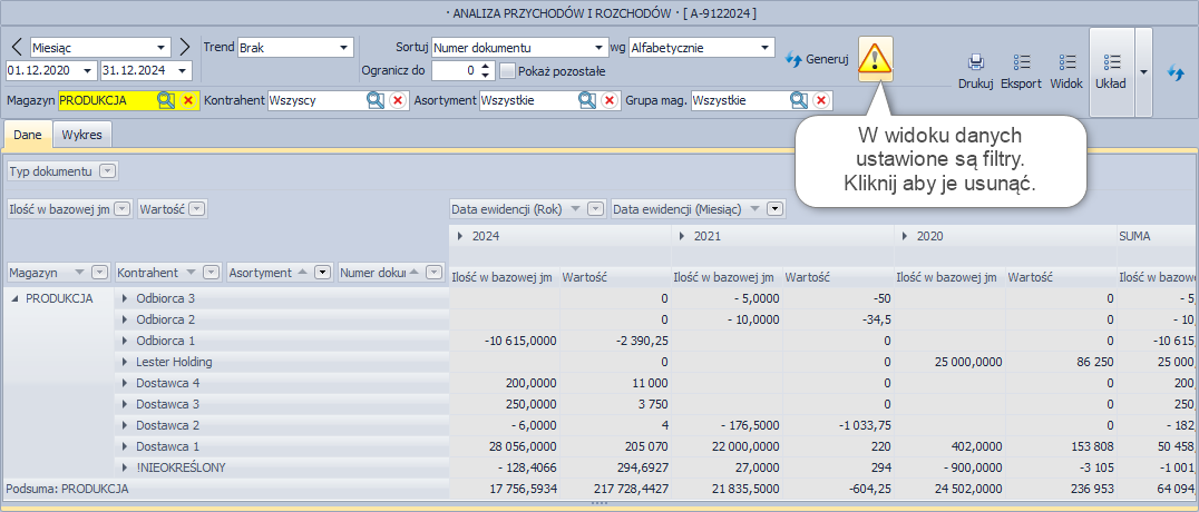 Funkcja Usuń filtry