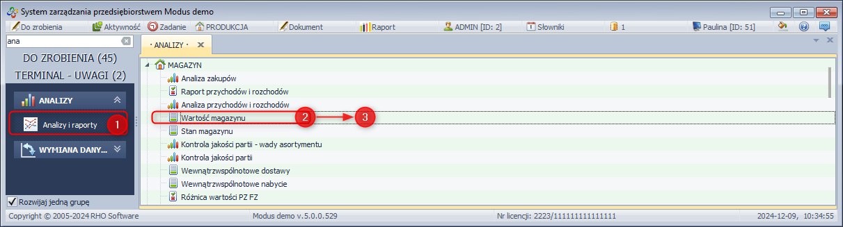 Generowanie raportu wartość magazynu