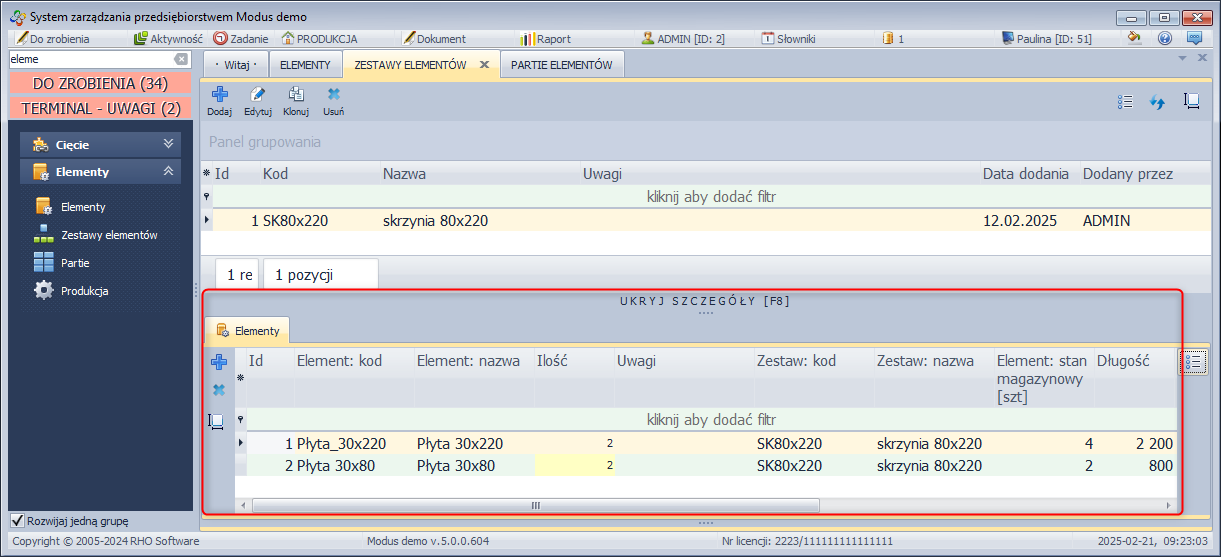  Zestawy elementów - Szczegóły