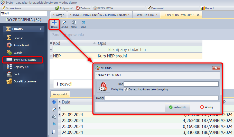 Definiowanie nowego typu kursu waluty