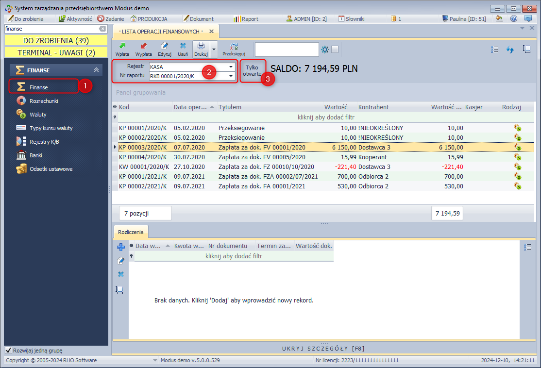 Lista operacji KP/KW