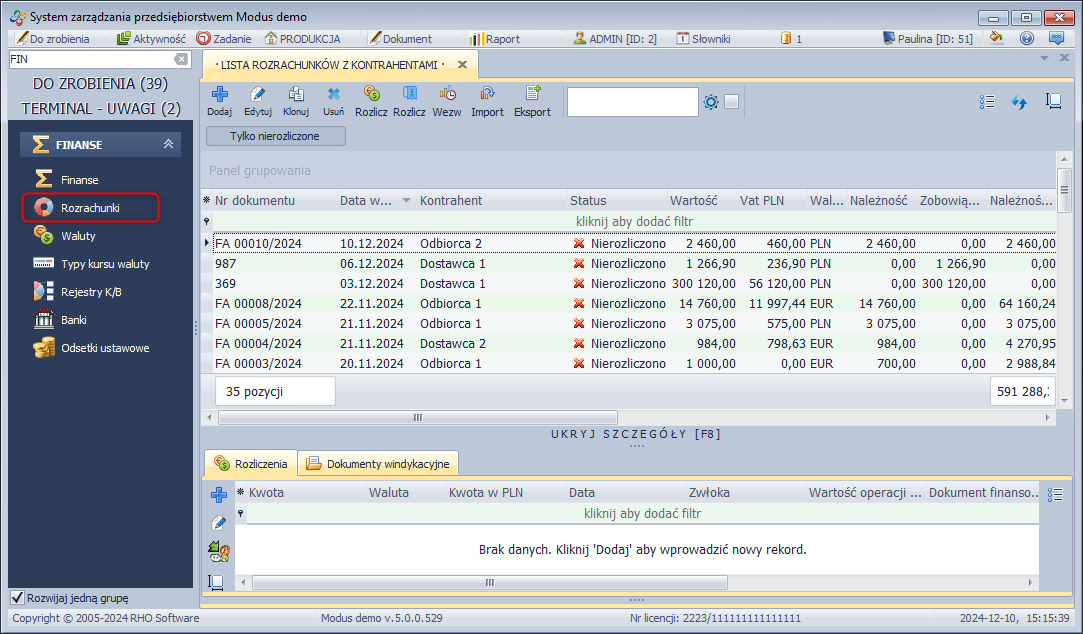 Okno - lista rozrachunków