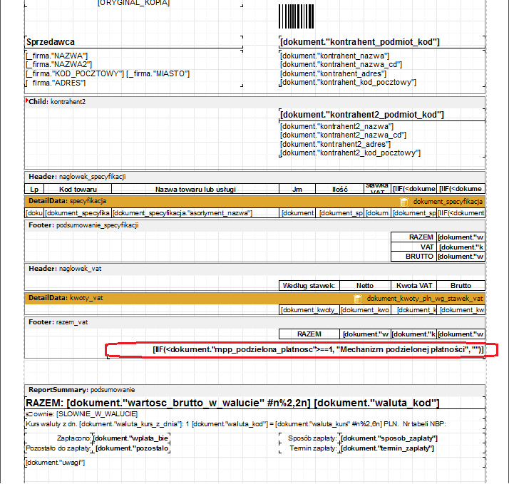 Ekran: Edycja szablonu wydruku faktury