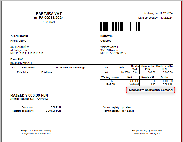 Podgląd szablonu wydruku faktury