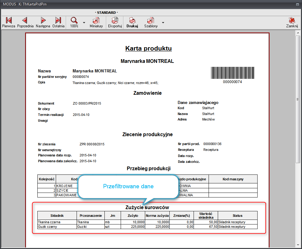 Ekran 2: Szablon wydruku po zmianach