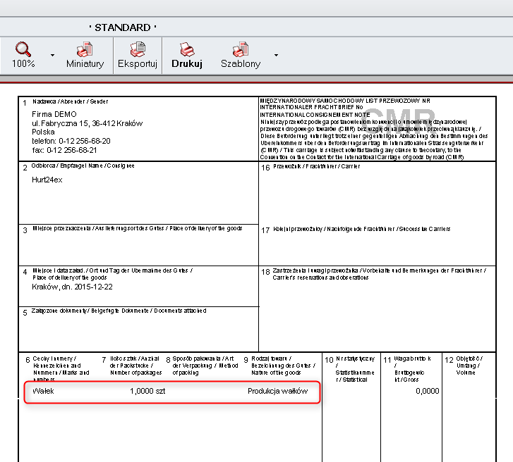 Ekran 3: Szablon wydruku listu CMR po zmianach 
