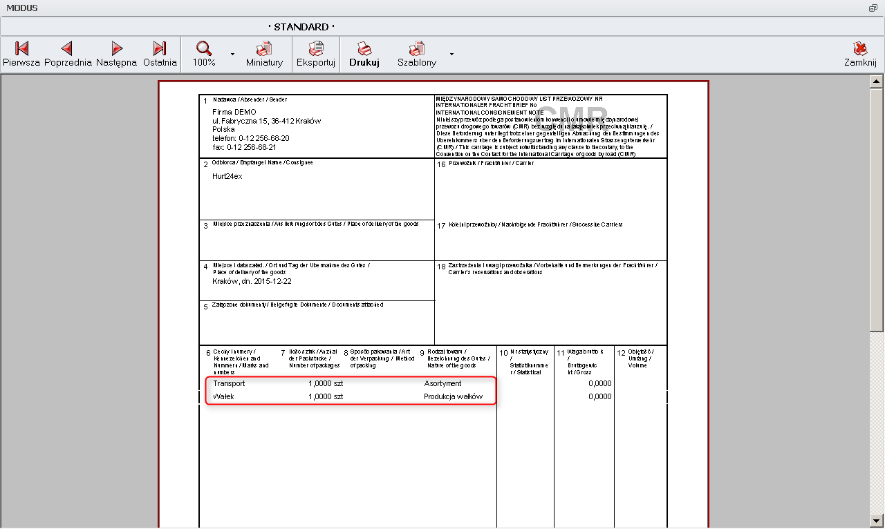Ekran 1: Szablon wydruku listu CMR przed zmianami