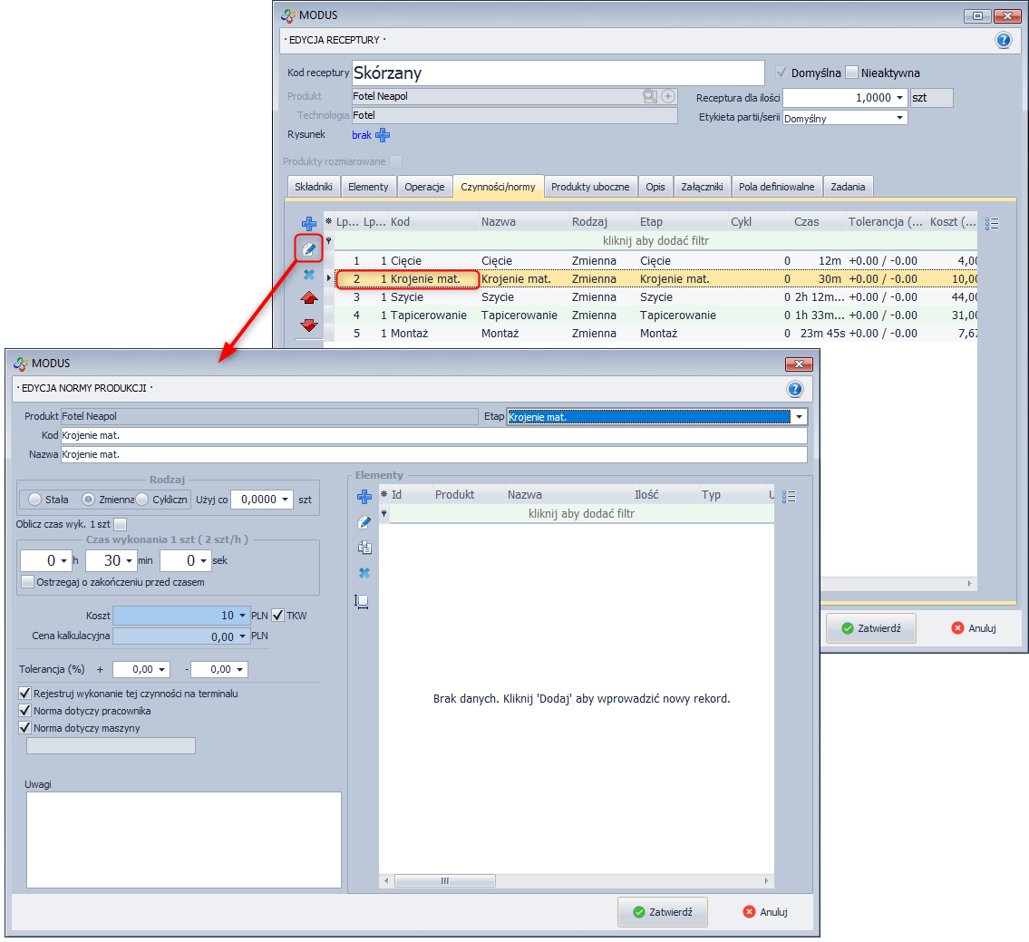 Zakładka Normy produkcji