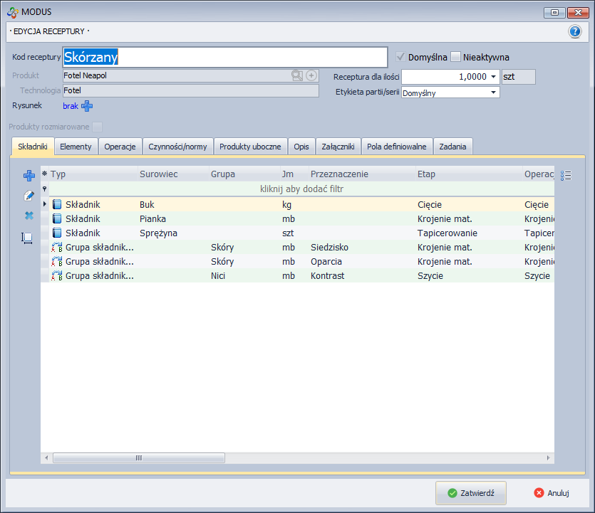 Karta edycji receptury