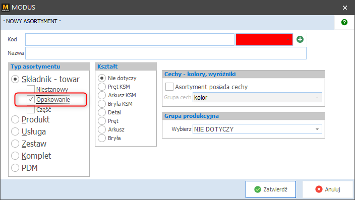 Dodanie nowego asortymentu typu opakowanie