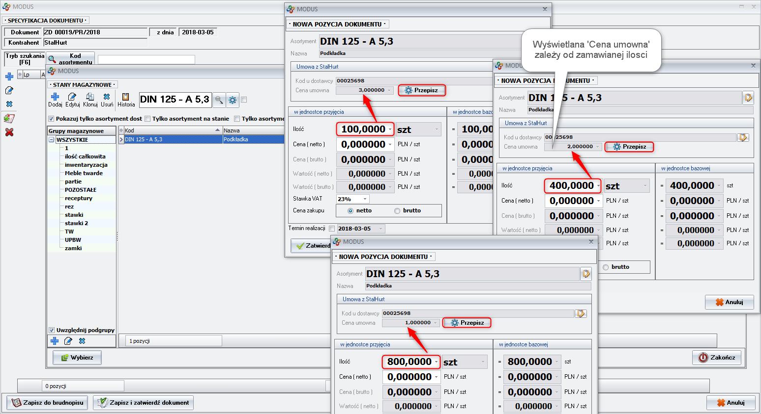 Ekran: Podpowiedź ceny zakupu na ZD (zależnie od zamawianej ilości)  