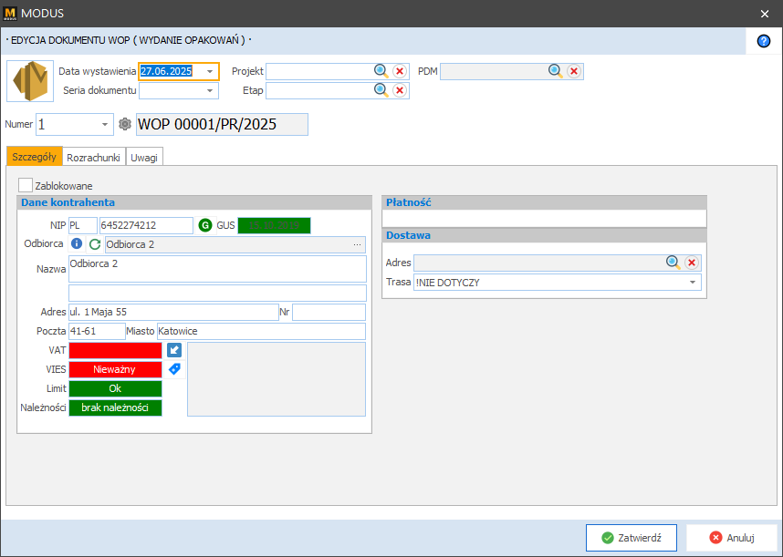 Dokument wydania opakowania