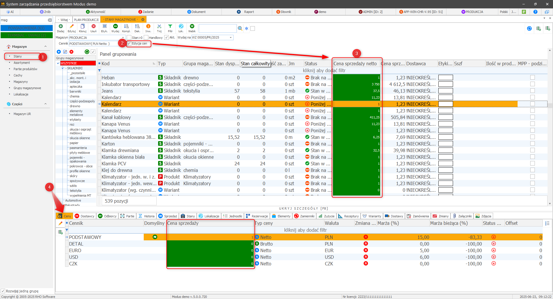  Edycja cen z poziomu grida