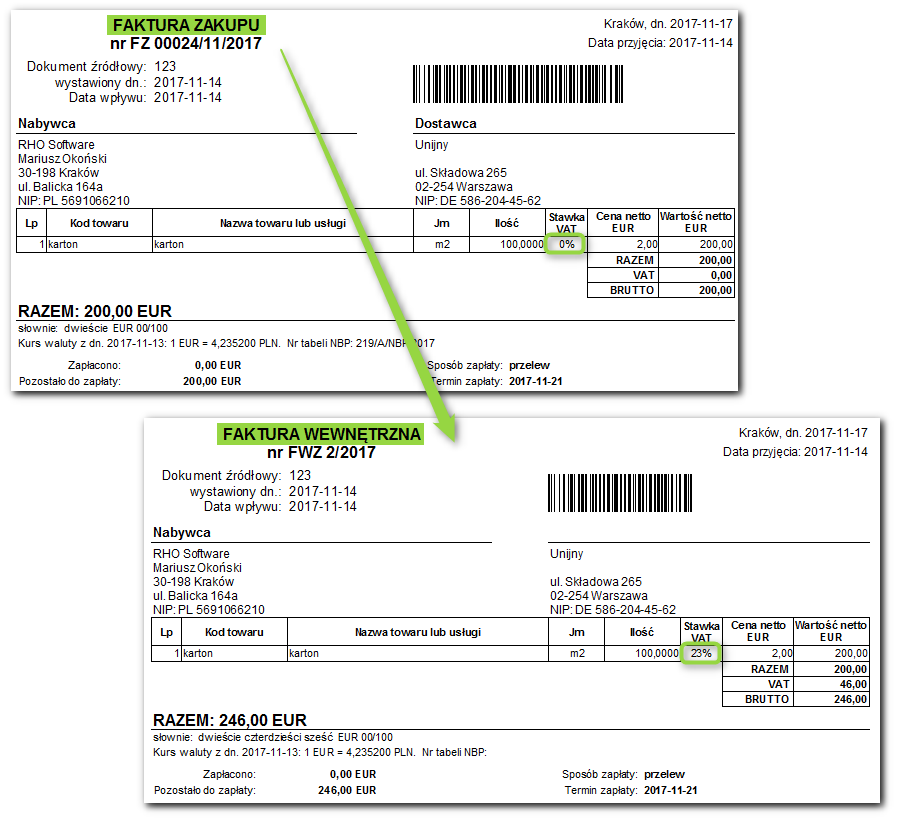 Ekran: Faktura wewnętrzna wystawiona na podstawie faktury zakupu  