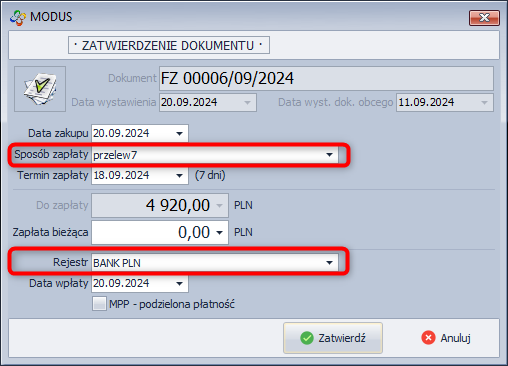 Zatwierdzenie dokumentu FZ