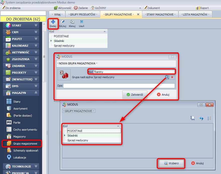 Tworzenie grup i podgrup magazynowych