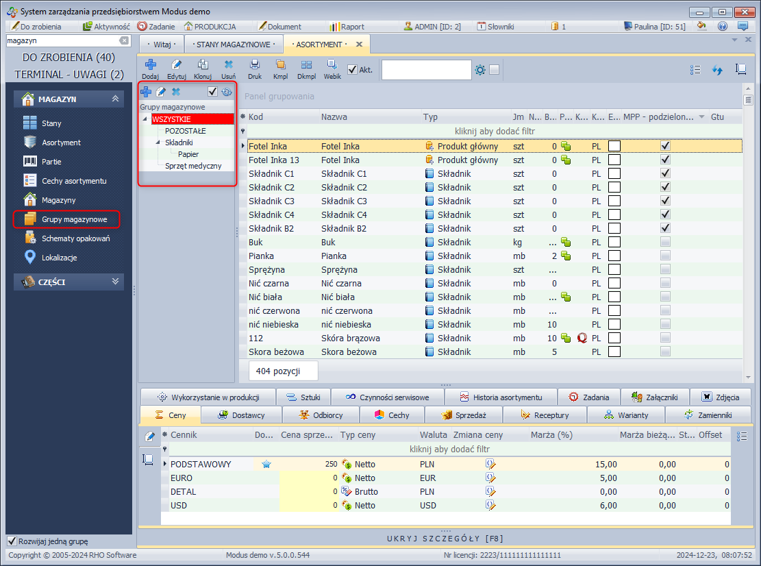 Grupy i podgrupy magazynowe