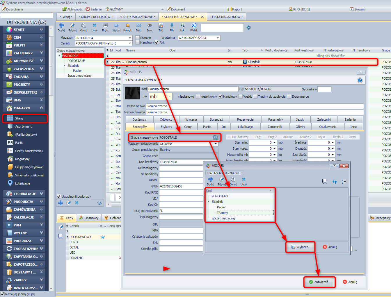 Zmiana grupy magazynowej