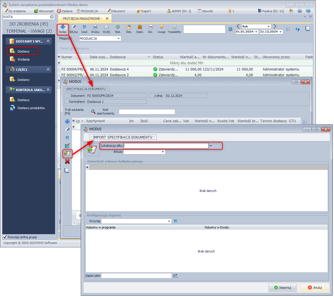  Import specyfikacji PZ