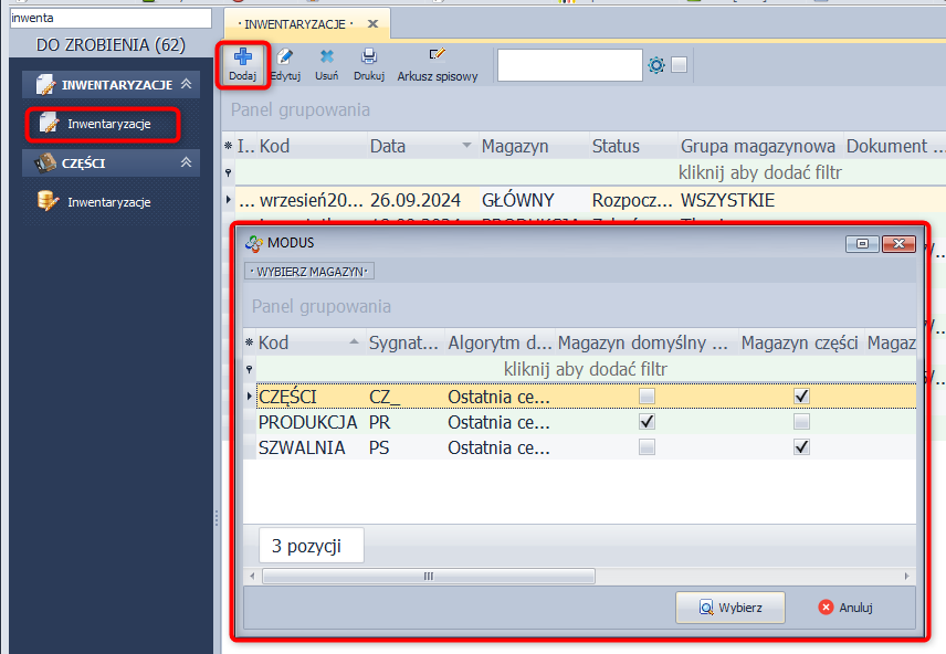 Inwentaryzacja - wybierz magazyn
