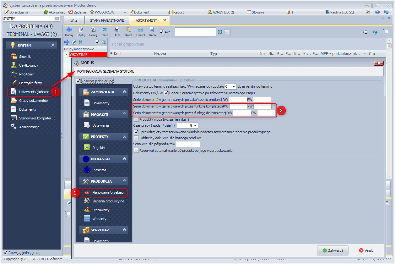 Definiowanie serii dla dokumentów PW i RW