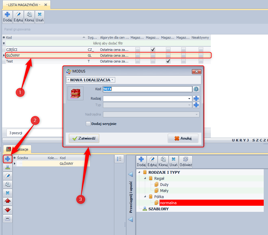 Ekran: Definiowanie dostępnych lokalizacji dla danego asortymentu
