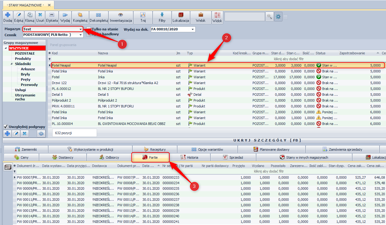 Ekran: Egzemplarze produktów