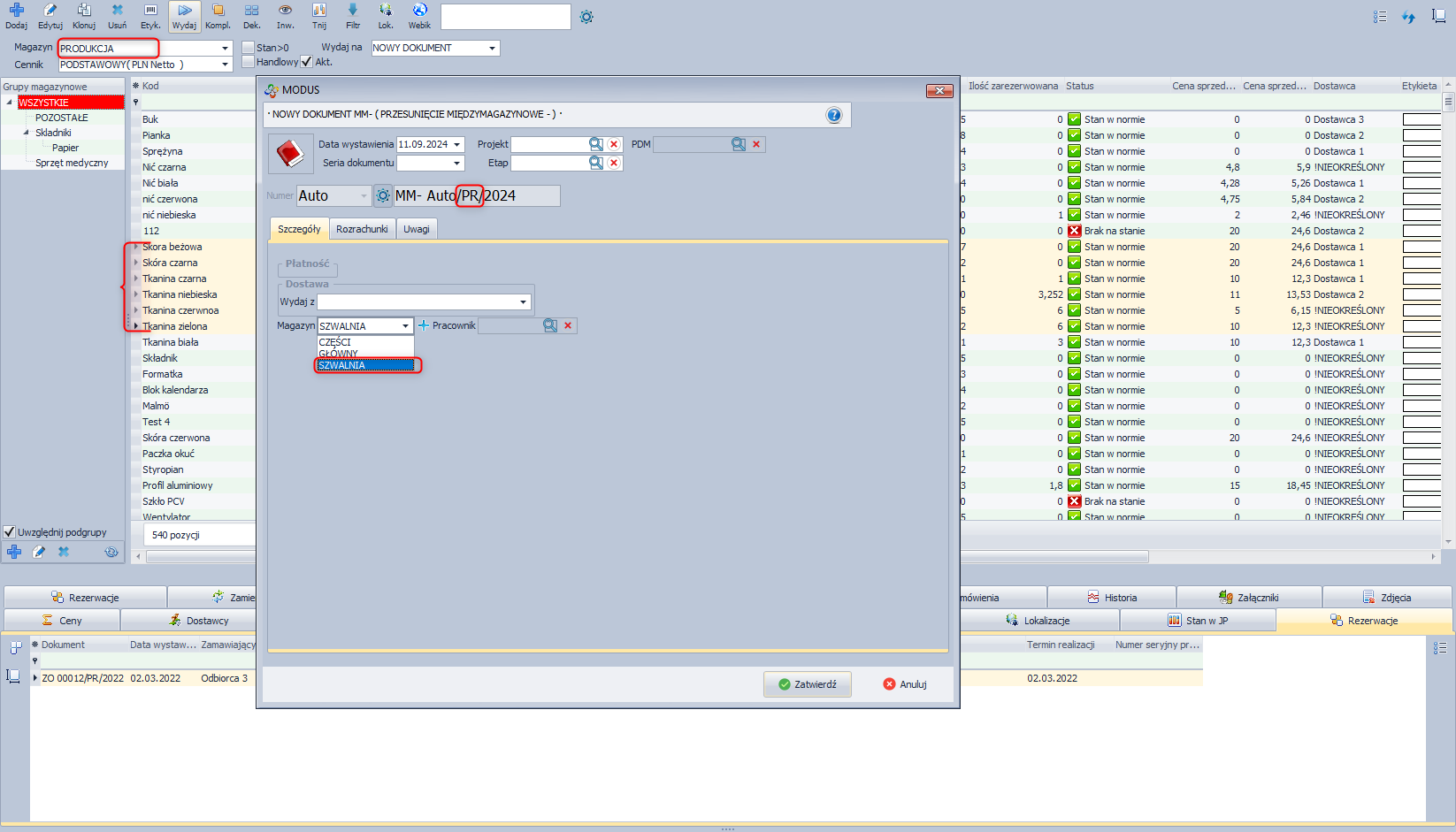 Domyślny magazyn - SERIA DOKUMENTU