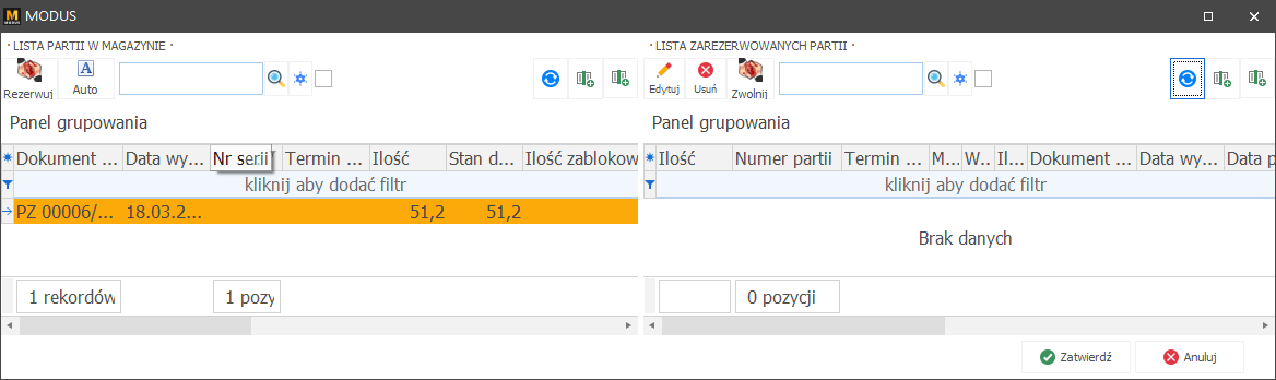 Wybór partii wydawanego asortymentu