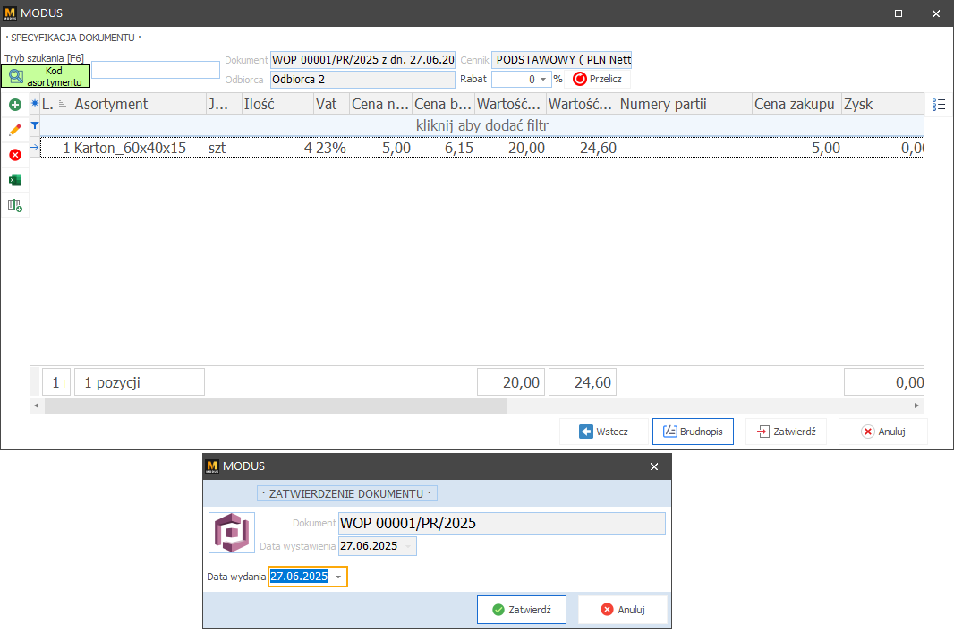 Specyfikacja dokumentu wydania opakowania