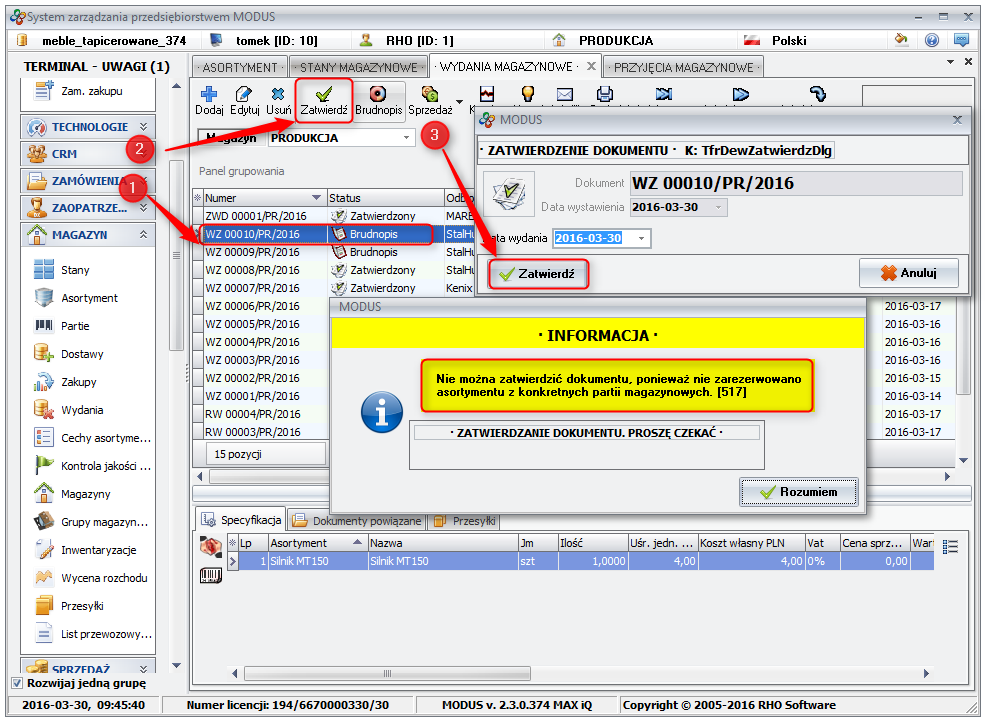 Ekran: Próba zatwierdzenia dokumentu 