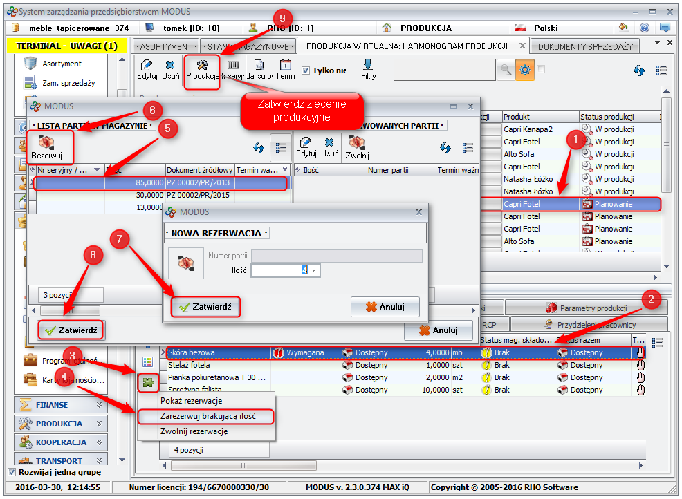 Ekran: Zatwierdzenia zlecenia produkcyjnego z rezerwacją