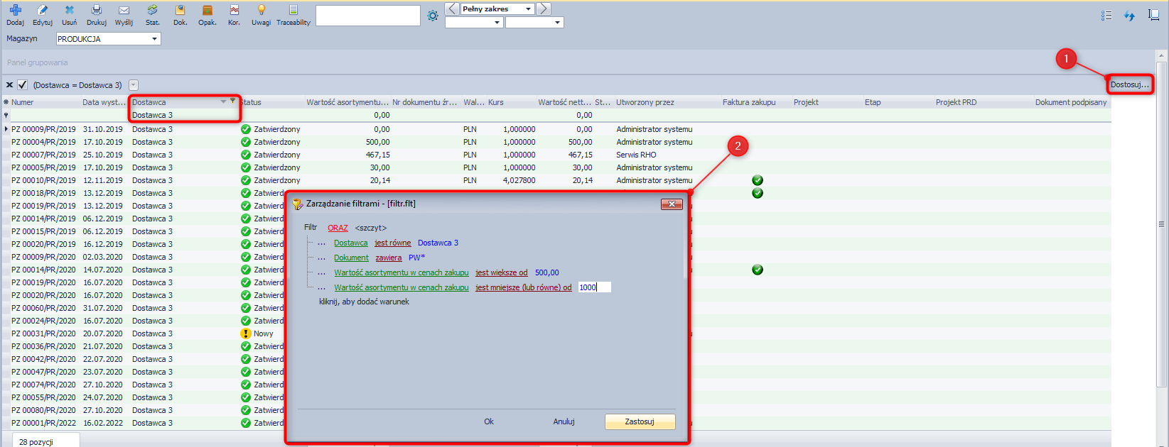 Dostosowanie filtrów