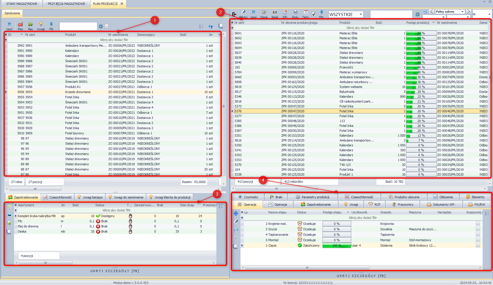 Okno typu lista: dwie listy nadrzędne i dwie zależne